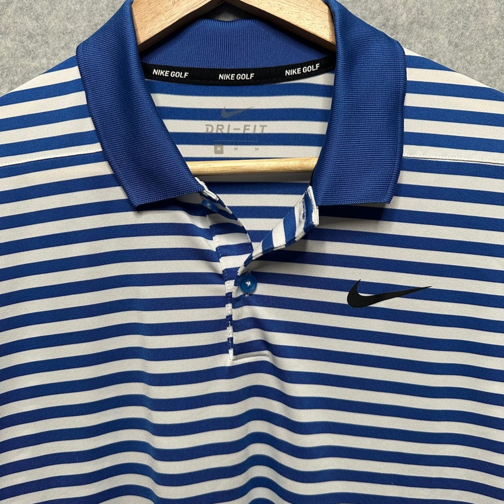 Nike Golf Mens Dri-FIT Striped‎ Polo Shirt Blue White Short Sleeve Size M NEW